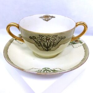 T & V LIMOGES 1917 Cream Soup Cup And Saucer Gold Trim Daisies 2 Handle *Aged‎